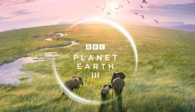 The key art for Planet Earth III, featuring a family of elephants in the savannah