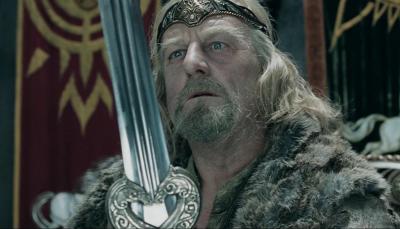 Bernard Hill as King Theoden staring at his sword in 'Lord of the Rings: The Two Towers'