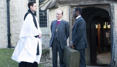 Tom Brittney as Rev. Will Davenport, Stuart Bowman as Bishop Aubrey Gray, and Ahmed Elhaj as Henry Jones