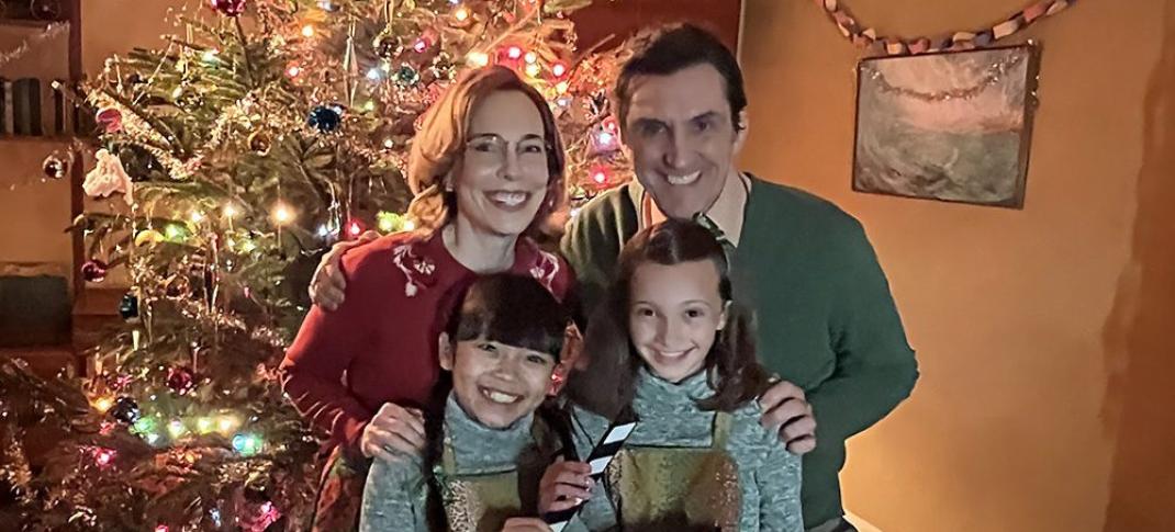 Clockwise from top left Laura Main, Stephen McGann, Alice Brown, and April Rae Hoang as Shelagh, Patrick, Angela and May Turner ready to film 'Call the Midwife' Season 14