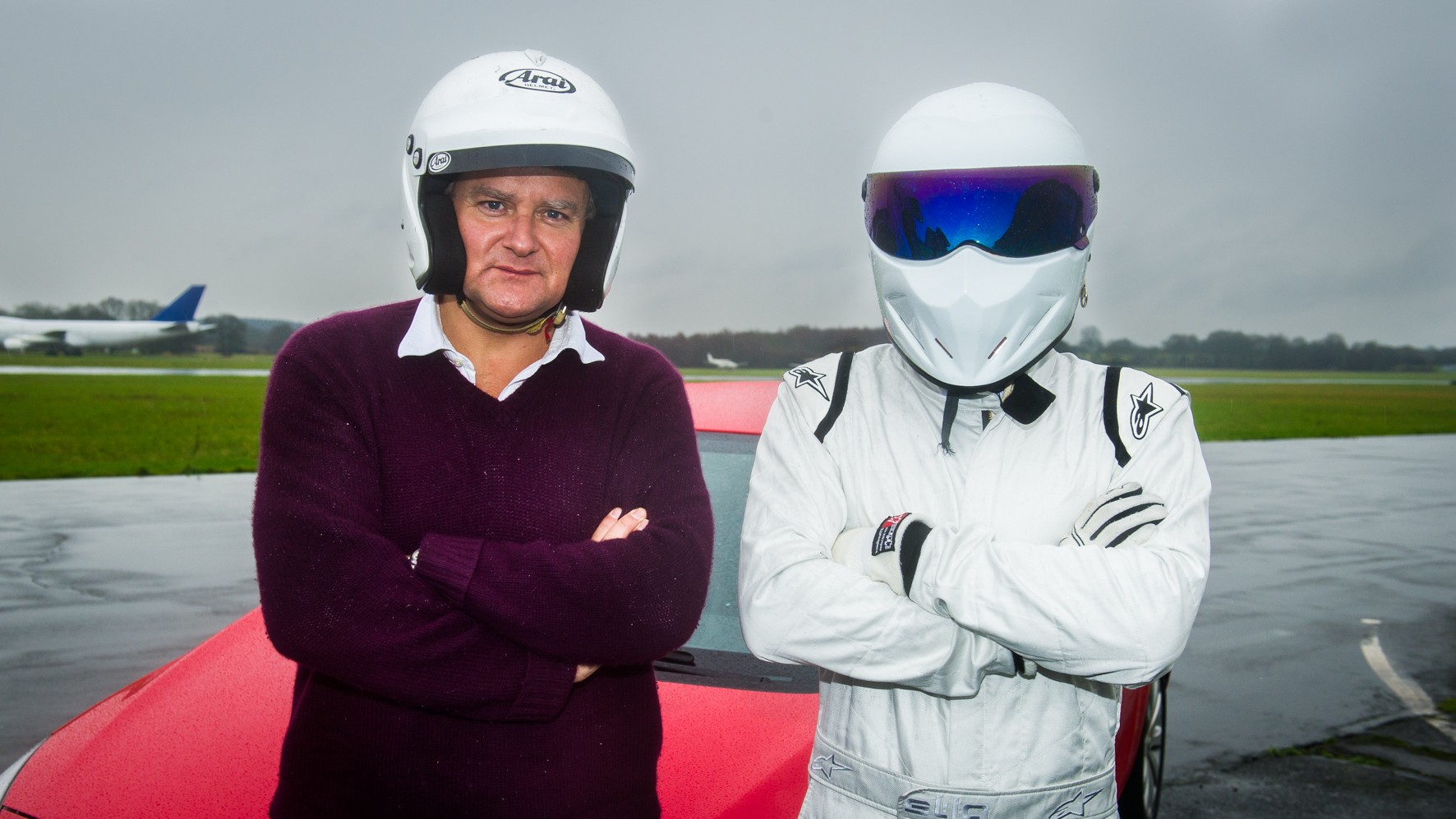Hugh Bonneville and The Stig (Photo: Mark Yeoman, © BBC Worldwide)