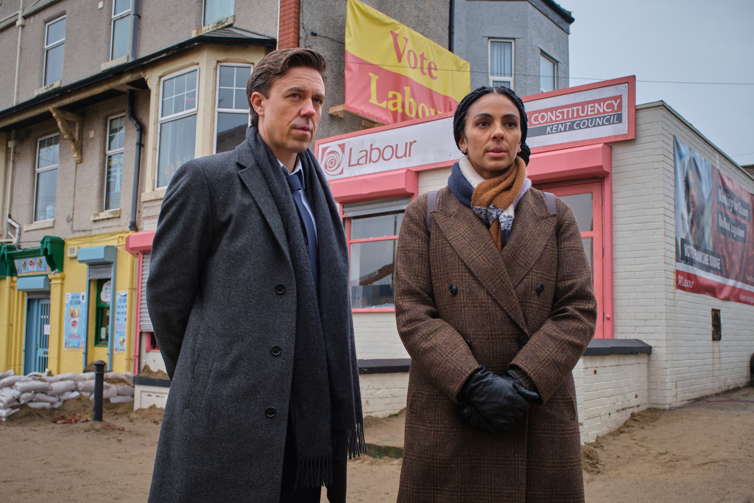 Labour leader Chris Edwards (Andrew Buchan) and Francine Bridge (Marsha Thomason). Credit: Courtesy of © 2021 New Pictures Ltd