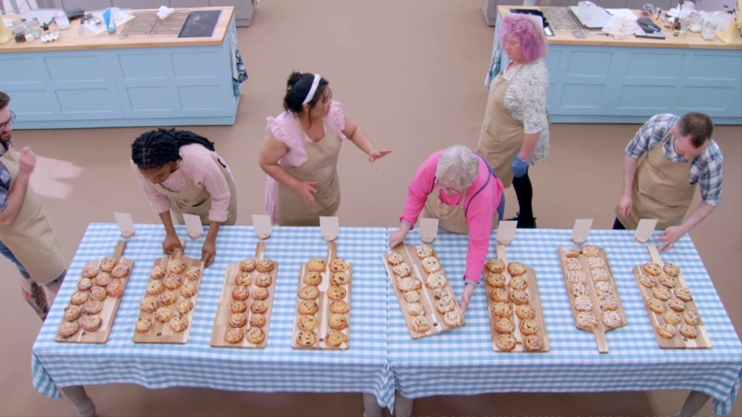 Picture shows: The Technical Challenge Pain aux Raisins on the Gingham Altar for The Great British Baking Show's Bread Week