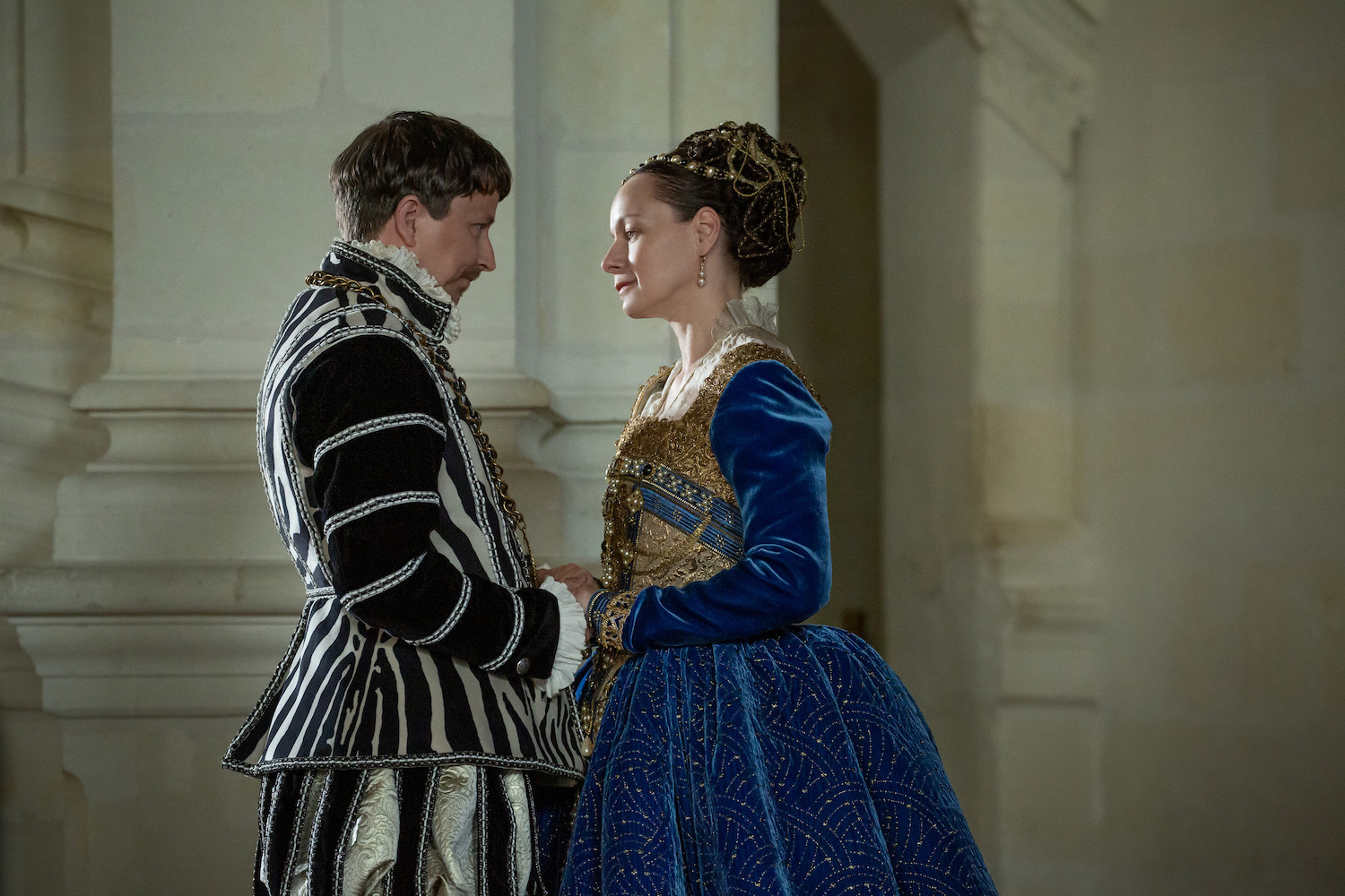 Picture shows: The new King (Lee Ingleby), handsome in black and white, and his Queen (Samantha Morton) in royal blue.