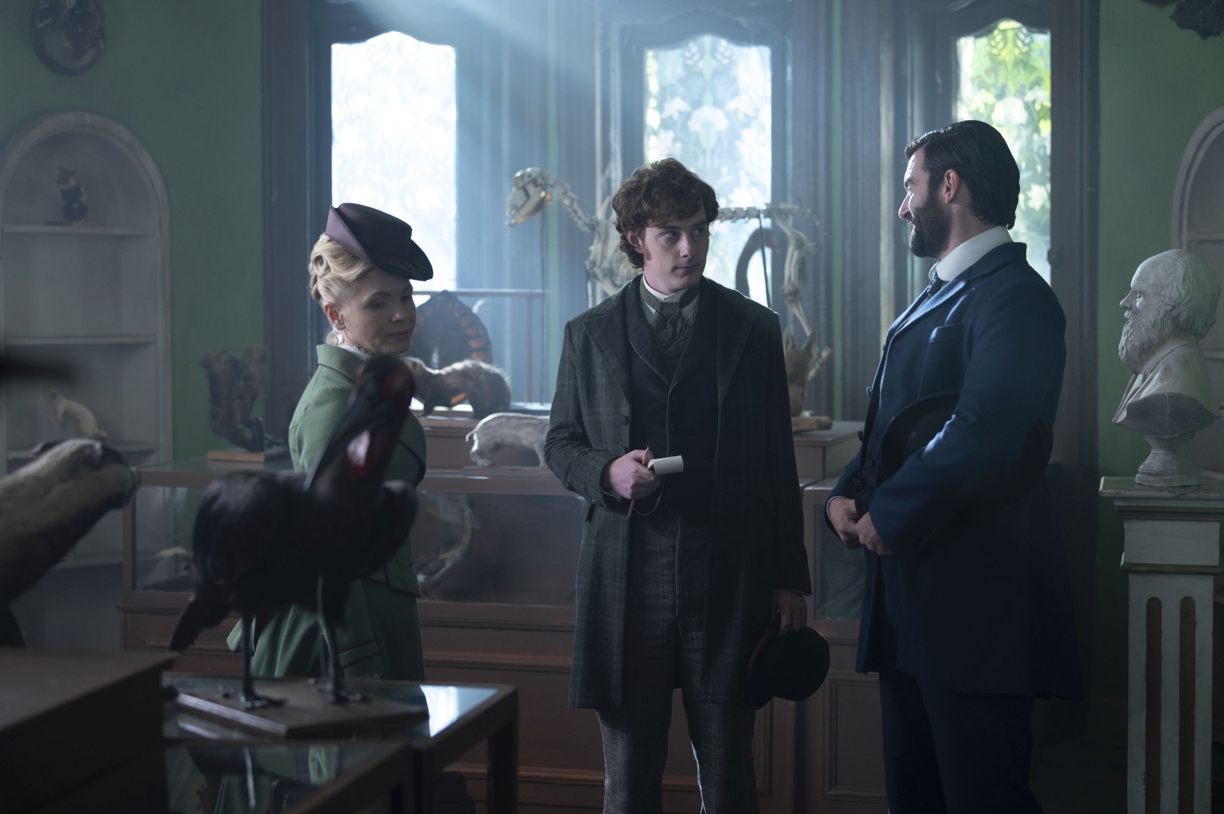 Picture Shows: Kate Phillips as Eliza Scarlet, Evan McCabe as Oliver Fitzroy, and Stuart Martin as William "The Duke" Wellington in Miss Scarlet & The Duke Season 2