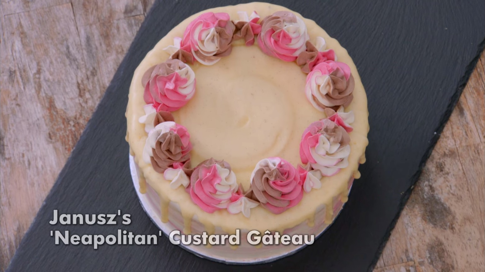 Picture shows: Janusz's Neapolitan Custard Gateau Showstopper from The Great British Baking Show's Custard Week