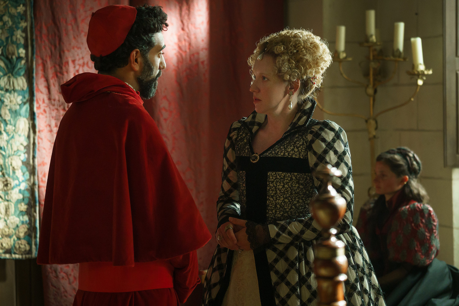 Picture shows: Cardinal Charles de Guise (Ray Panthaki) negotiates with Diane de Poitiers (Ludivine Sagnier), while Angelica (Ruby Bentall) looks on.