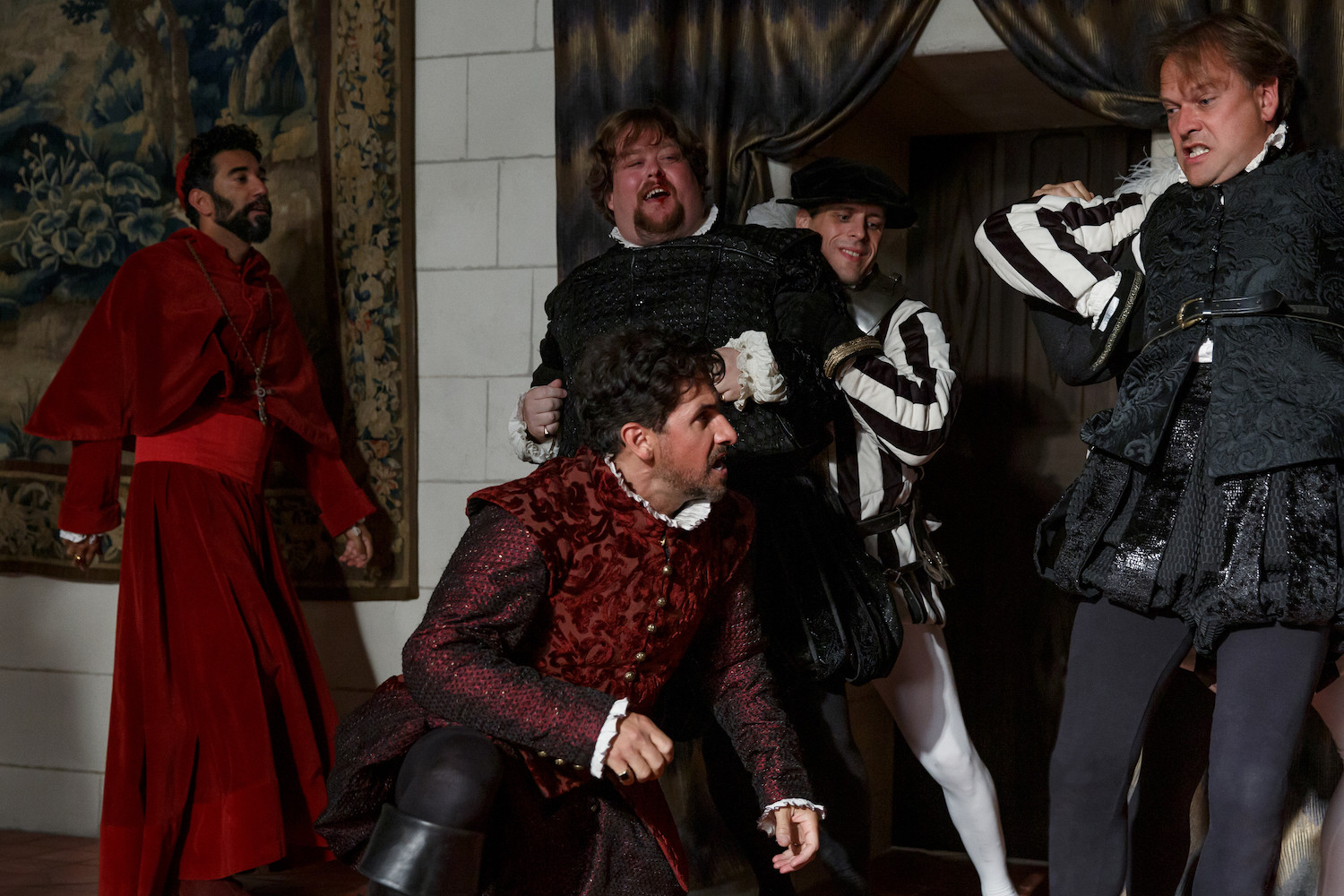 Picture shows: The brawl in the Privy Council. Guards attempt to remove Louis and Antoine de Bourbon (Danny Kirrane and Nick Burns), while Cardinal Charles de Guise (Ray Panthaki) and Francois de Guise (Raza Jaffrey) attack them.