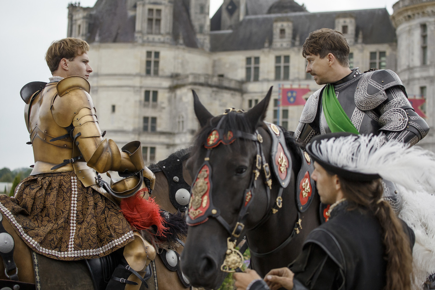 Picture shows: King Henri (Lee Ingleby) and Gabriel de Lorges de Montgommery (Nicholas Robin) in armor and on horseback about to charge each other.