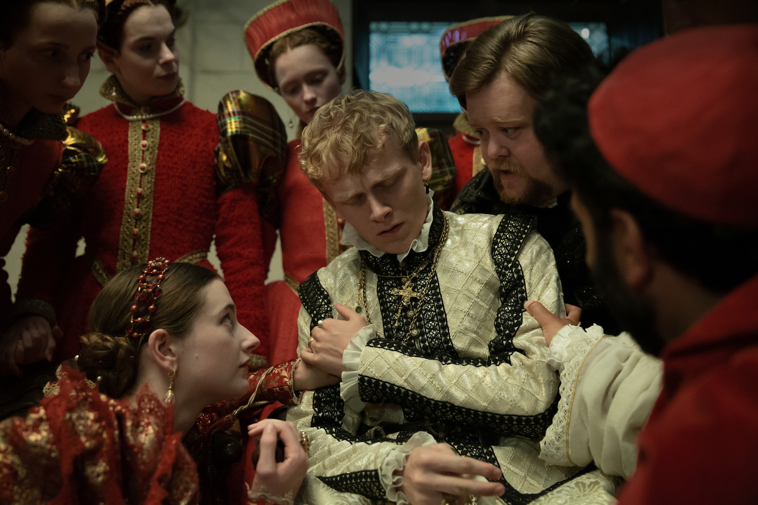 Picture shows: the new king Francis (George Jaques) is comforted by Mary (Antonia Clarke) and Louis de Bourbon (Danny Kirrane) while Mary's attendants look on.