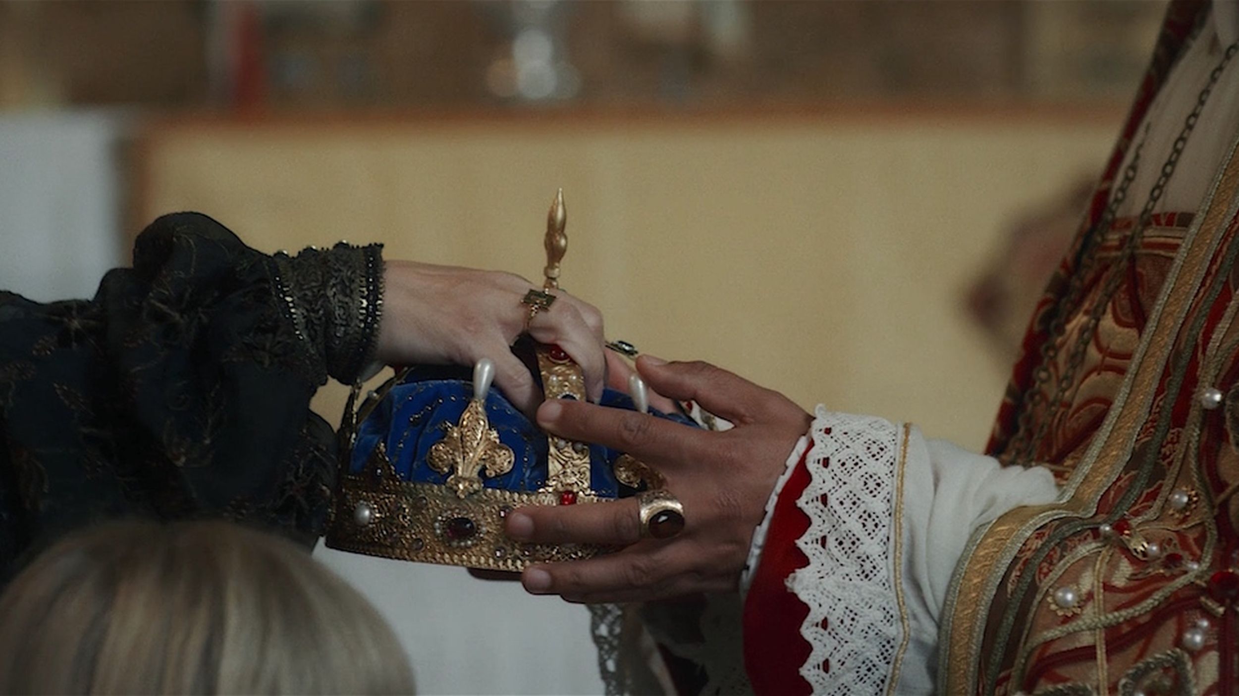 Picture shows: Samantha Morton's Catherine de Medici grasping the crown