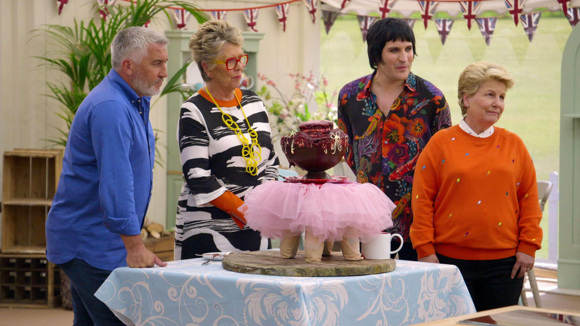 Picture shows: Paul Hollywood, Prue Leith, Noel Fielding, and Sandi Toksvig in The Great British Baking Show Season 8