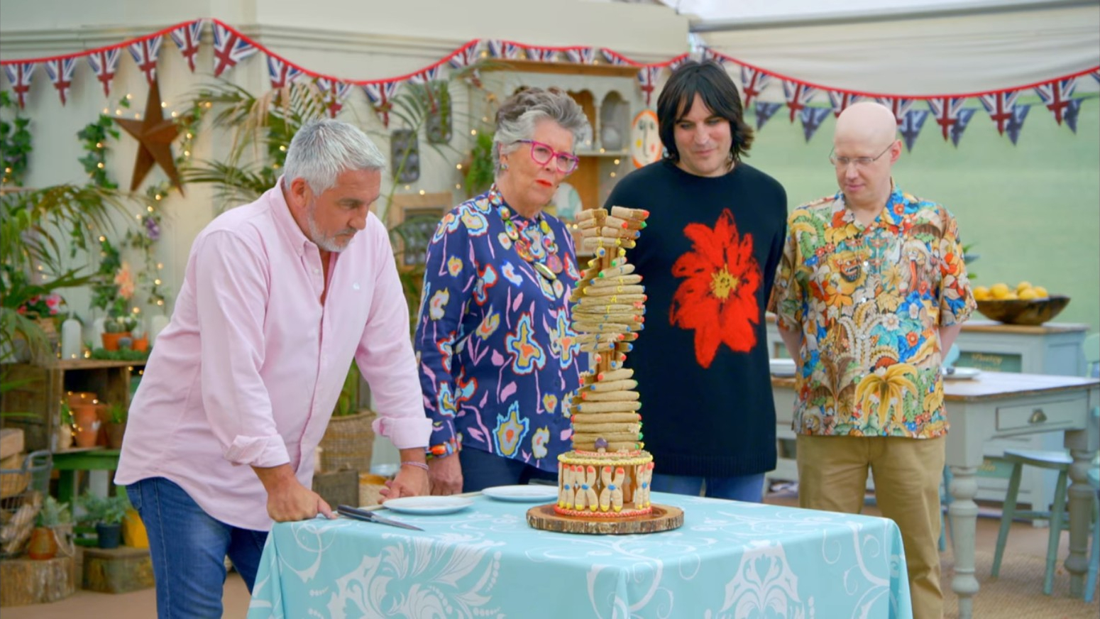 Picture shows: The judges looking at Syabira's The DNA in You Showstopper from The Great British Baking Show Collection 10's Semi-Final