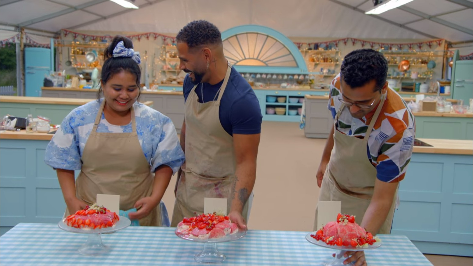 Picture Shows: All three contestants laughing at bombing the Technical Pudding Bombs in The Great British Baking Show Collection 10's Final