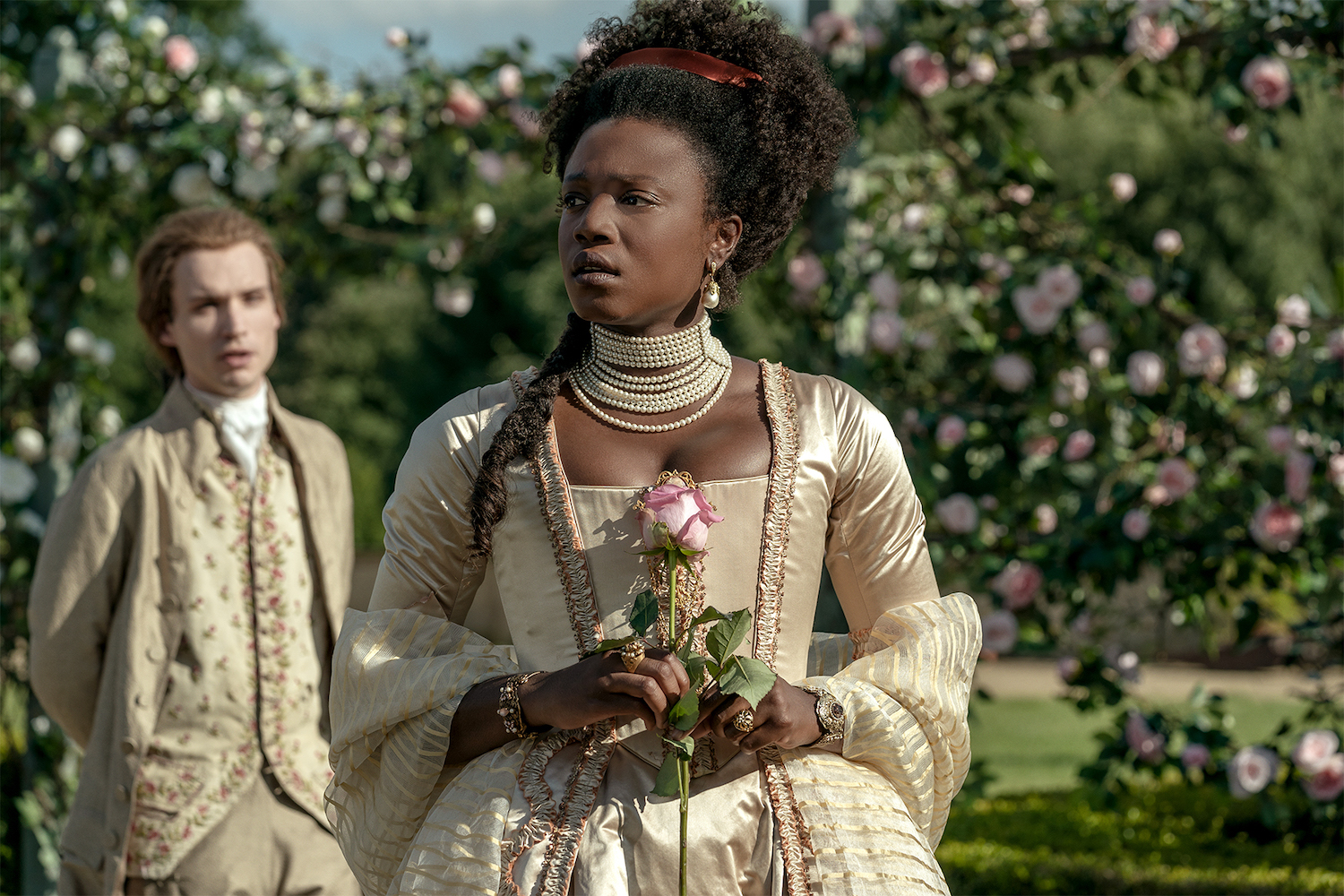 Picture shows: In a beautiful rose garden Pascal (Nicholas Denton) asks his stepmother Ondine de Valmont (Colette Dala Tchantcho) for a share of the estate.