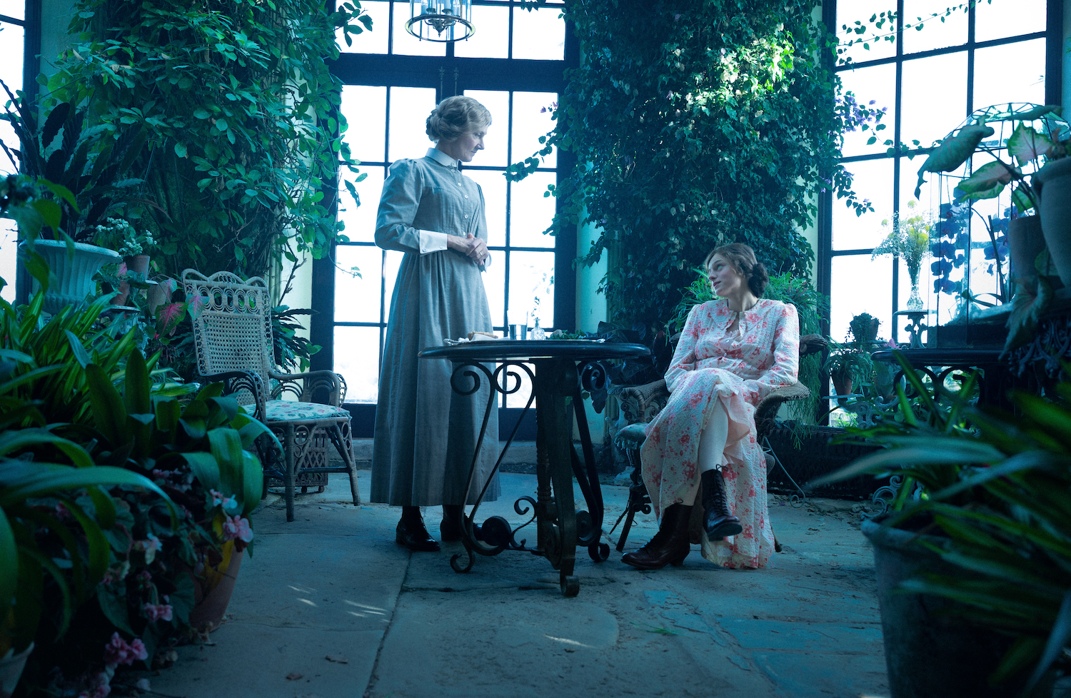 Picture shows: Emma Corrin (Connie Chatterley) and Joely Richardson (Mrs. Bolton) in the conservatory