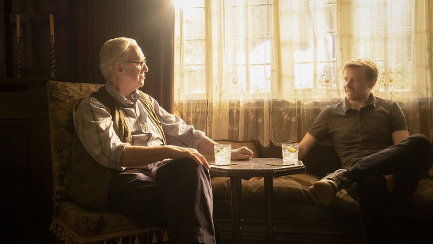 Picture shows: Jonathan Pryce and Jack Lowden as David Cartwright and River Cartwright in 'Slow Horses'