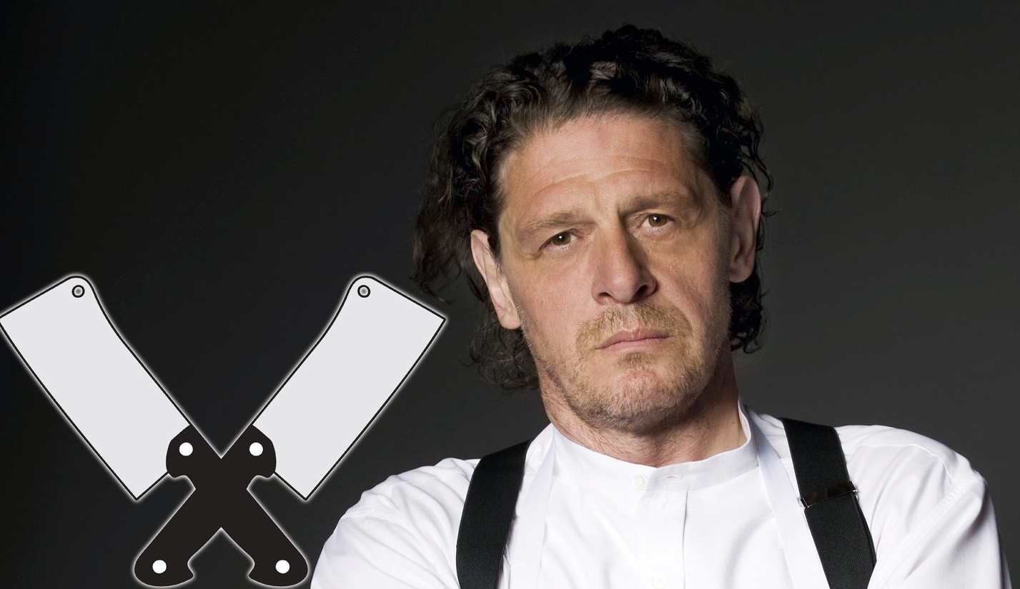 Picture shows: Marco Pierre White with the graphic of a pair of crossed kitchen choppers.