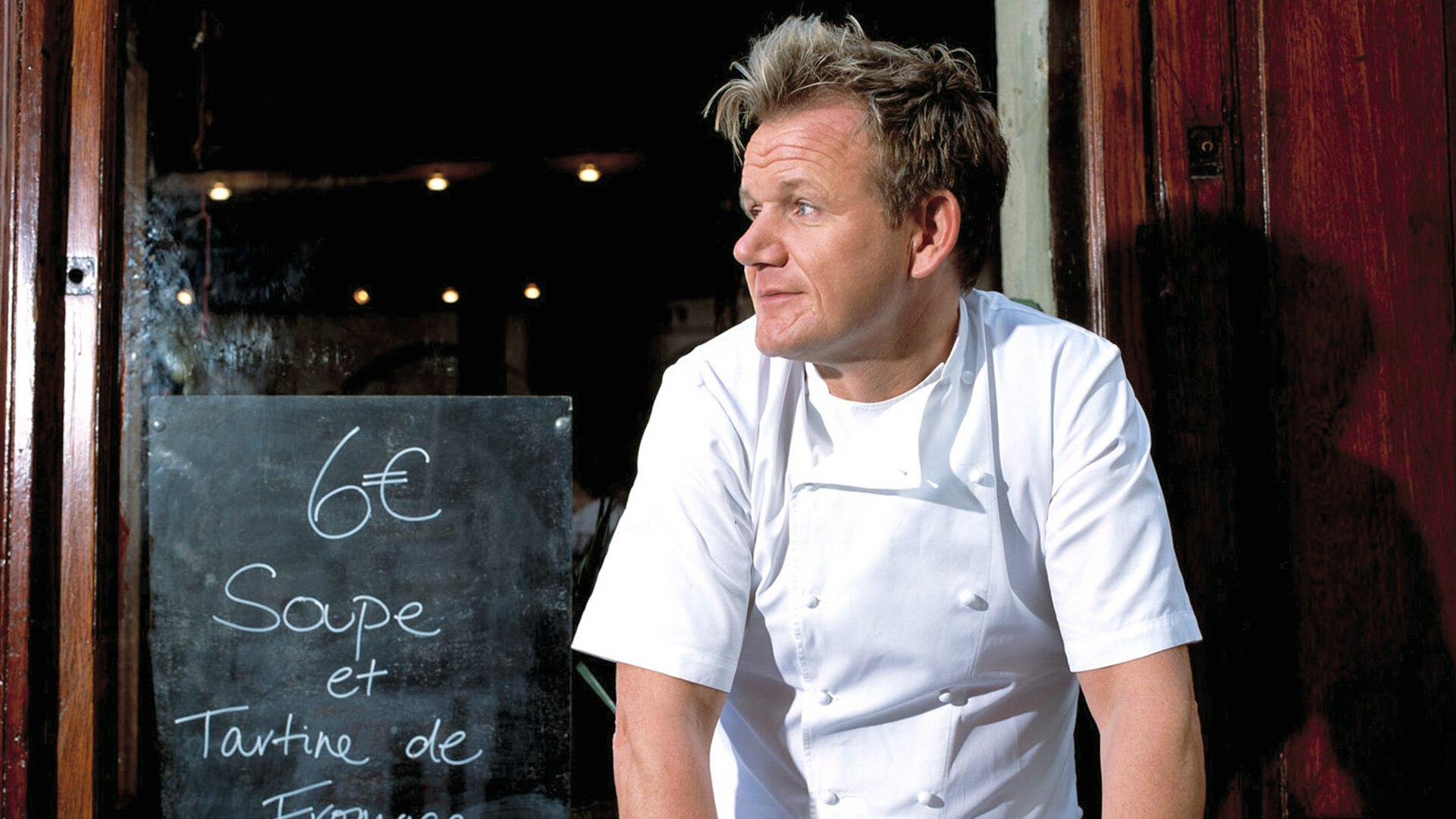 Picture shows Chef Gordon Ramsay, for once not screaming, outside a restaurant