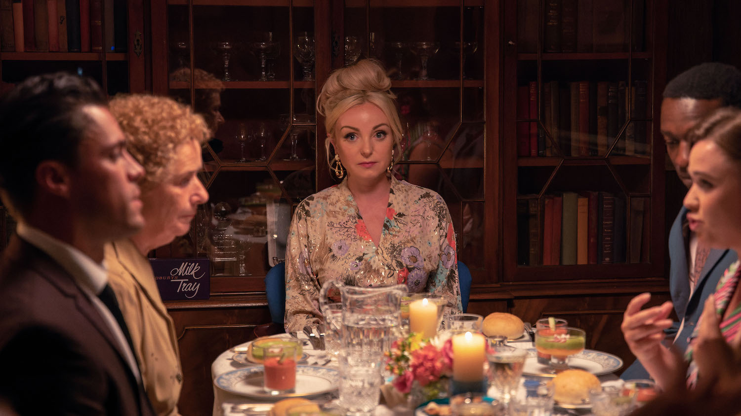Picture shows: At her casual dinner party with friends, hostess Nurse Trixie (Helen George) at the head of the table, looks like a very glamorous deer caught by headlights. Her guests, fiancé Matthew Aylward (Olly Rix), Nurse Phyllis (Linda Bassett), Cyril Robinson (Zephryn Tate) and Nurse Nancy (Megan Cusack), are talking but avoiding the food.