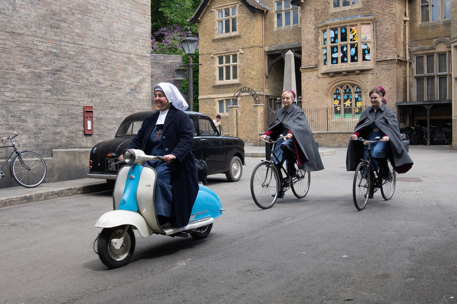 Picture shows: Sister Veronica (Rebecca Gethings) leads the way on her new scooter, followed by Nurse Trixie Franklin (Helen George) and Nurse Phyllis Crane (Linda Bassett) on their bicycles.