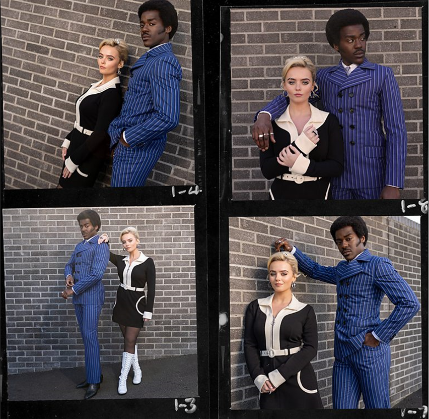 Four photos of Ncuti Gatwa and Millie Gibson as the Doctor and Ruby Sunday in 1960s period costumes (the Doctor in blue pinstripes and Ruby in a black-and-white mini dress with tall white boots) standing in various poses against a brick wall