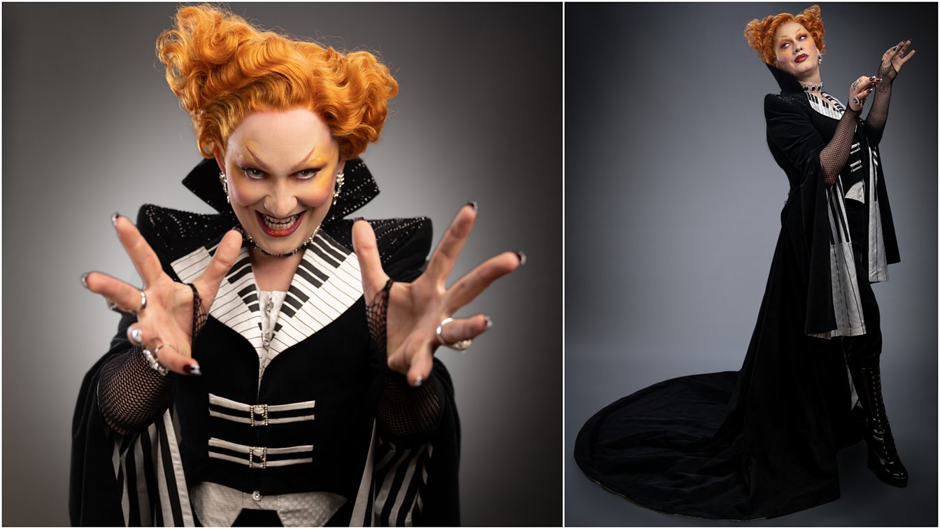 Two photos of Jinkx Monsoon in a black-and-white cape/gown. One photo is a closeup on her face with her hands reaching towards the camera, the other is a full-body photo.
