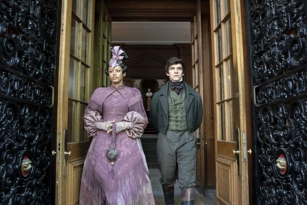 Shalom Brune-Franklin as Estella and Fionn Whitehead as Pip step out into the sunlight in 'Great Expectations' Episode 4