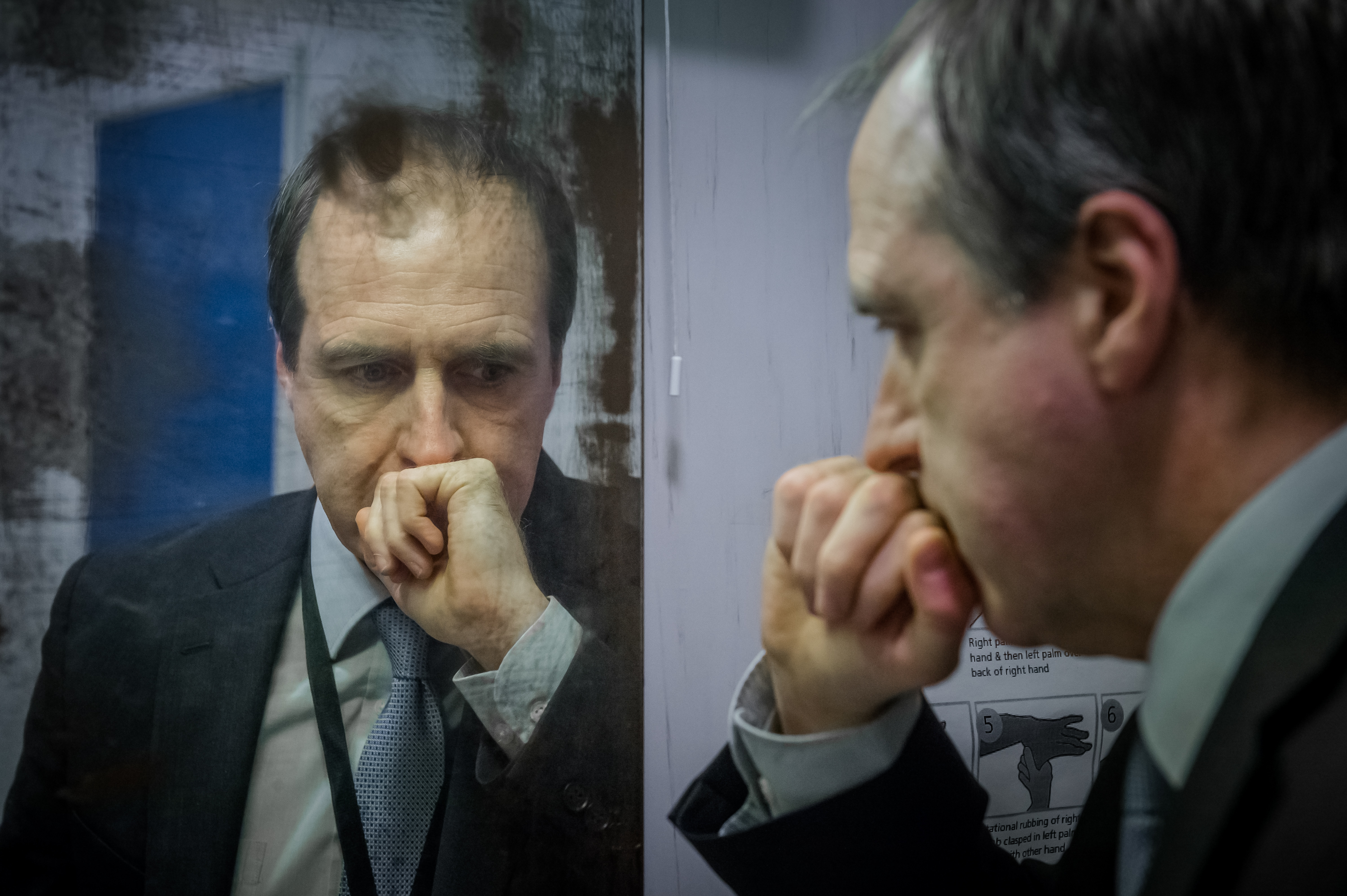 Kevin Doyle as John Wadsworth is about to be sick in a bathroom in Happy Valley Season 2