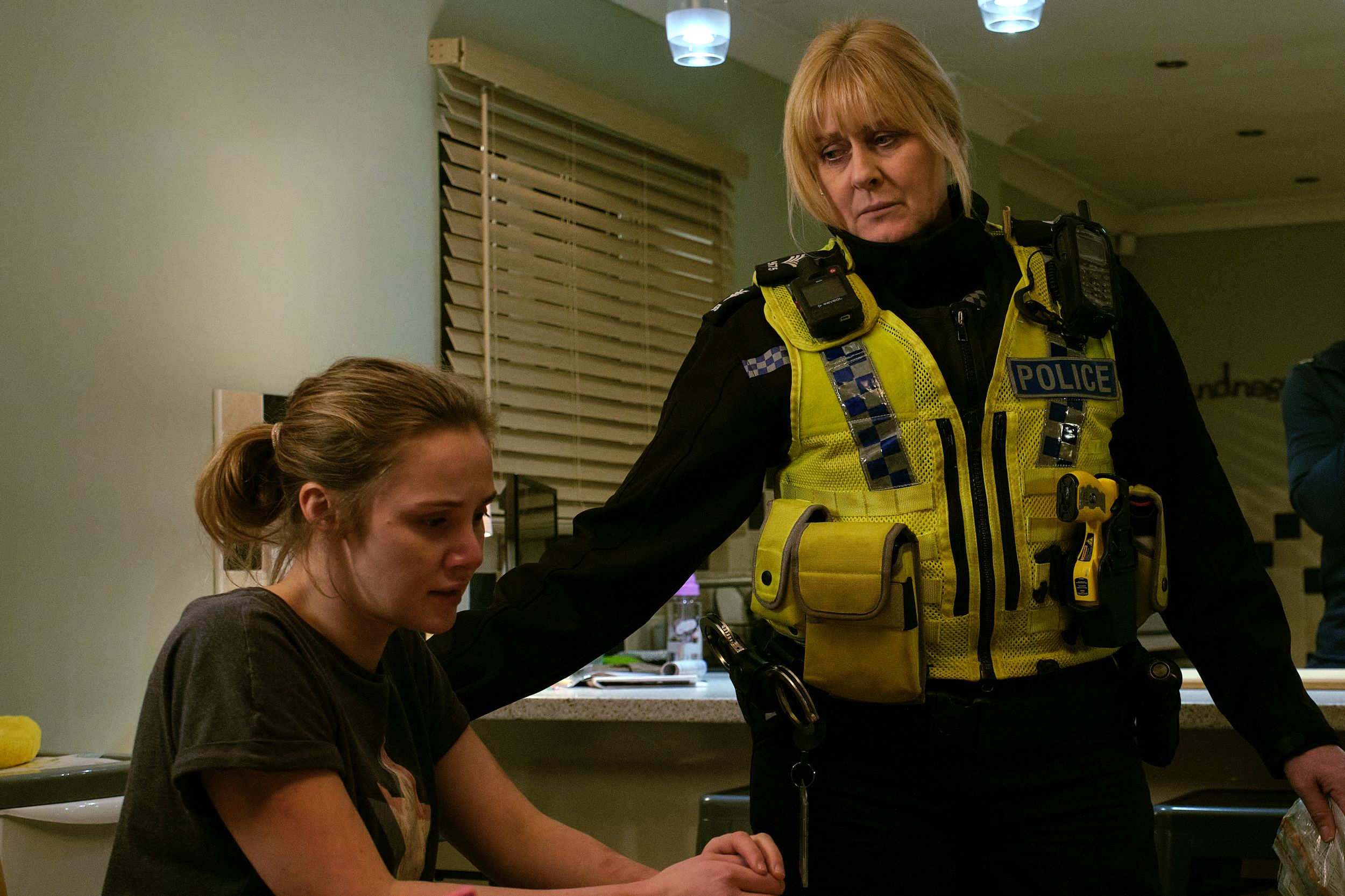 Mollie Winnard as Joanna Hepworth is comforted by Sarah Lancashire as Catherine Cawood in Happy Valley Season 3