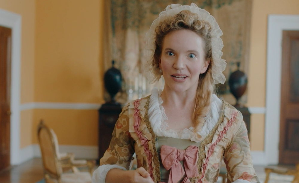 Picture shows: An excited Aunt Harriet (Tamzin Merchant) reports to her sister Lady Bellaston the latest developments of Sophia's refusal to marry Blifil.