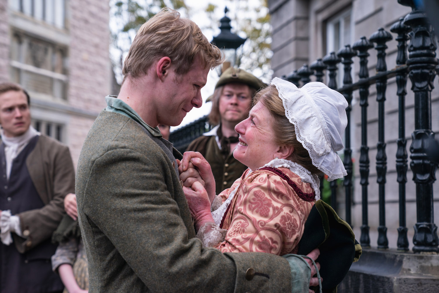 Picture shows: Mother and son united finally: Tom (Solly McLeod) hugs "Aunt" Bridget (Felicity Montagu).