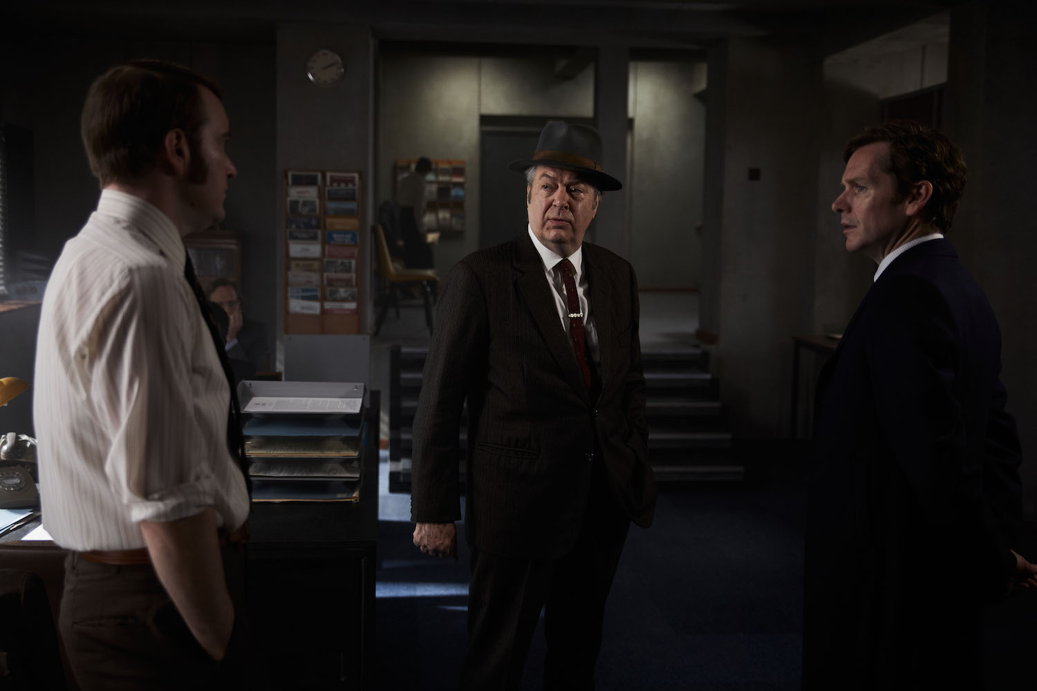 Picture shows: DS Jim Strange (Sean Rigby), DCI Fred Thursday (Roger Allam), Sgt. Endeavour Morse (Sean Evans) in the office.