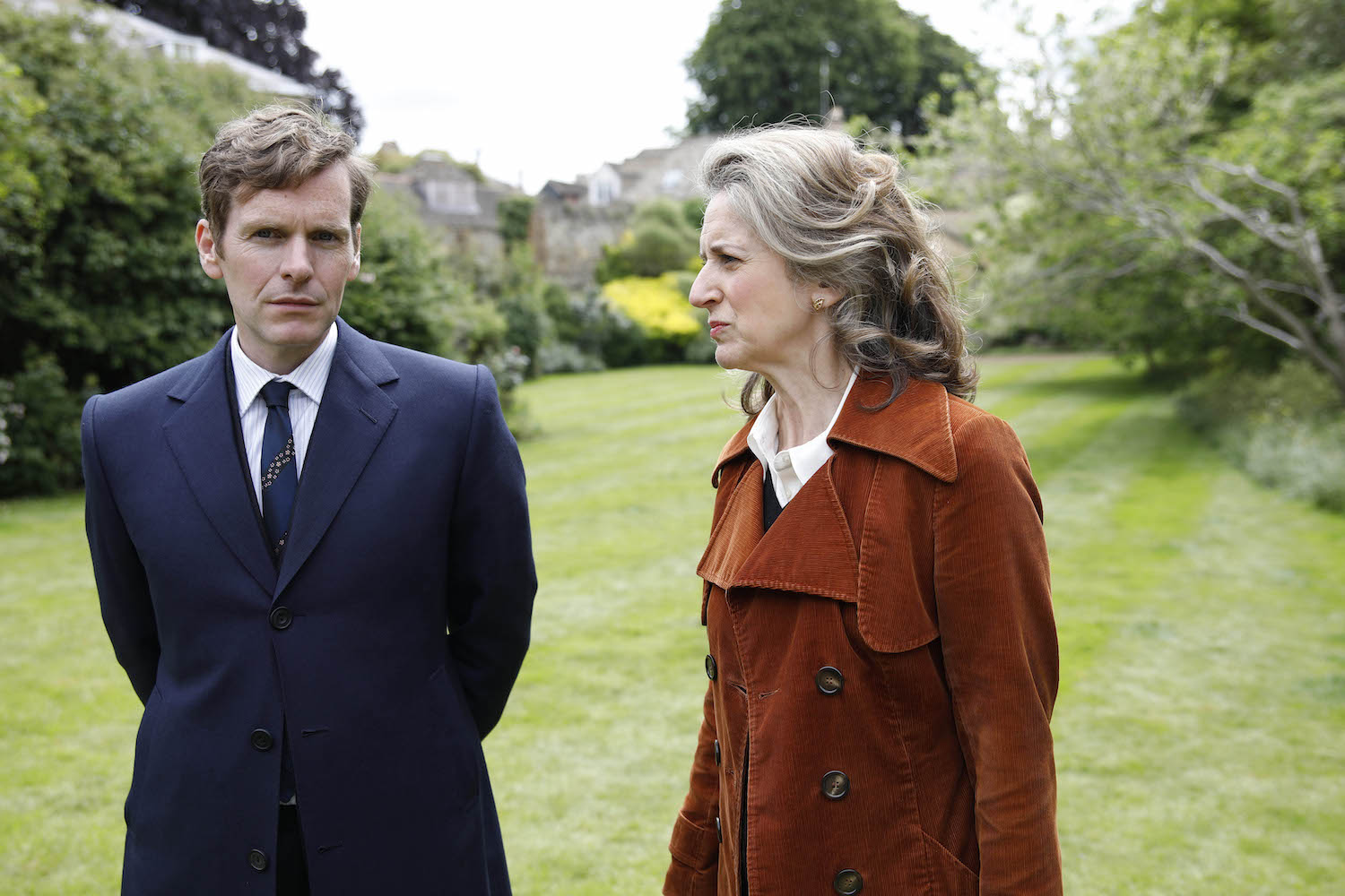 Picture shows: Morse (Sean Evans) and Dorothea Frazil (Abigail Thaw) in a college garden.