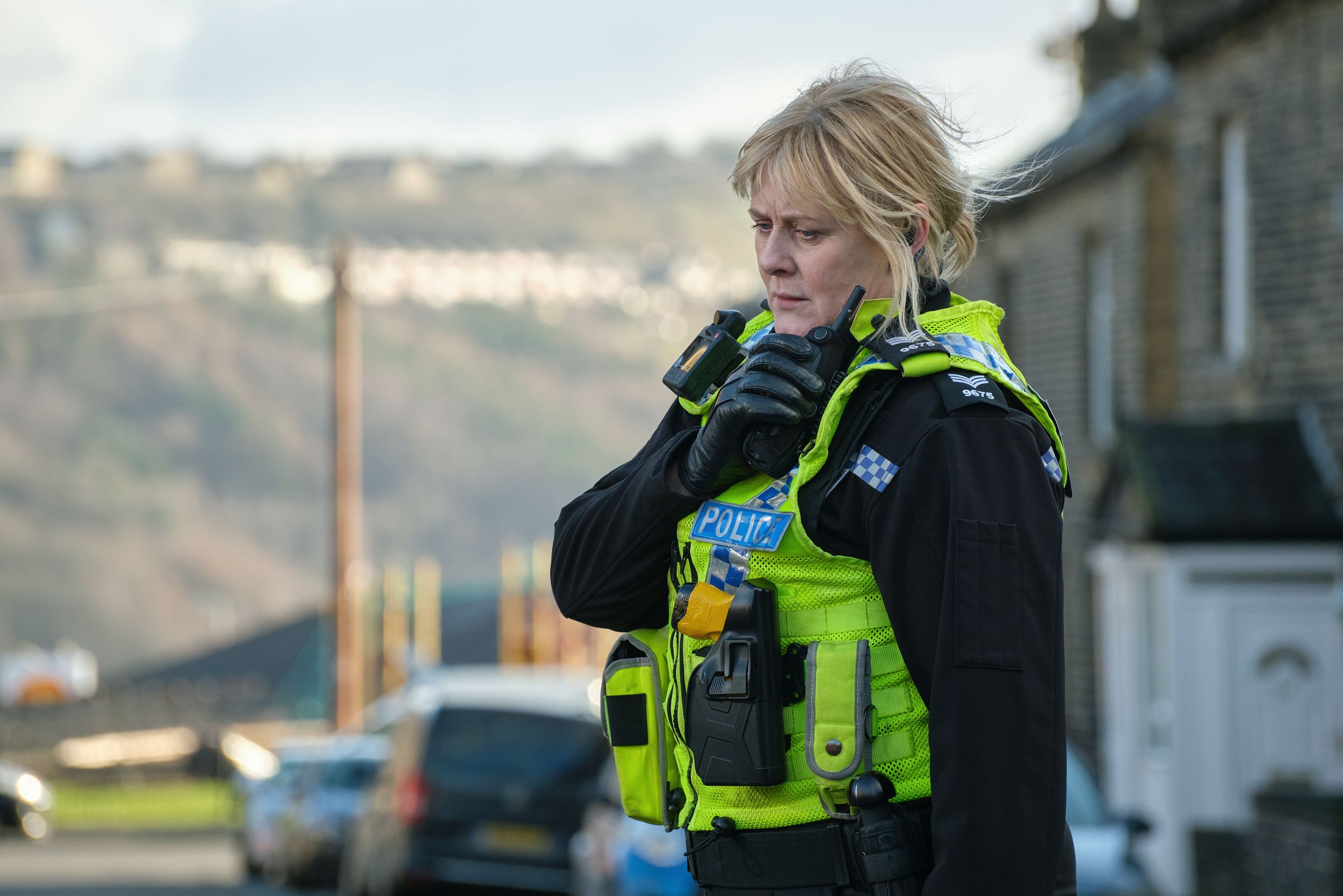 Sarah Lancashire as Catherine Cawood radioing for support in Happy Valley Season 3
