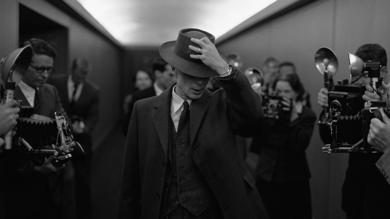 Cillian Murphy as Oppenheimer in a black and white publicity still from the film