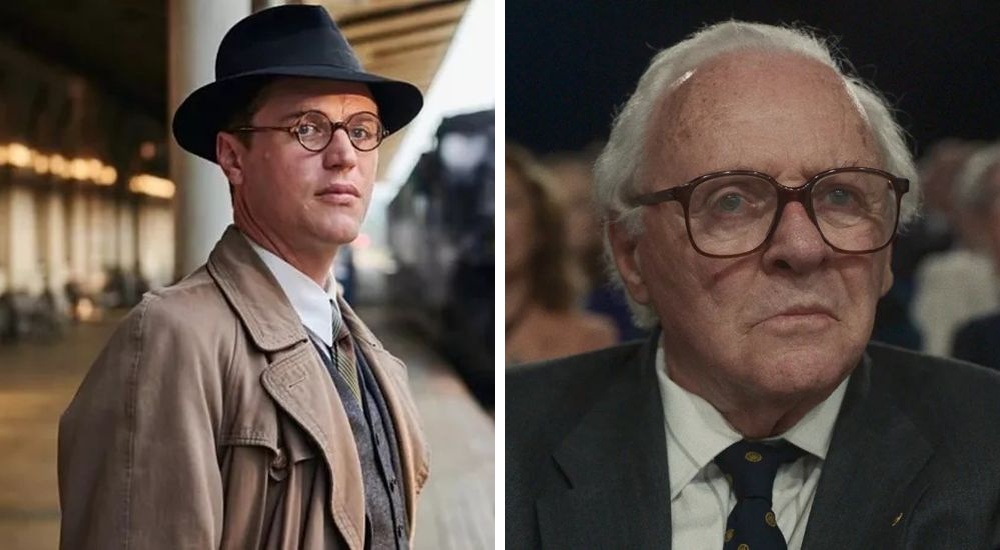 Johnny Flynn as young Nicholas Winton in a train station and Anthony Hopkins as elderly Nicholas Winton being recognized for his humanitarian deeds in 'One Life'