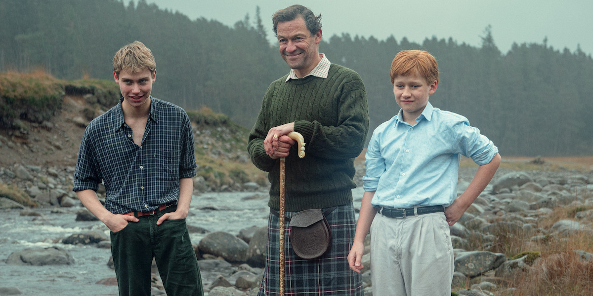Picture shows: Prince William (Ed McVey), Prince Charles (Dominic West) and Prince Harry (Luther Ford) pose near a stream in the Scottish highlands.