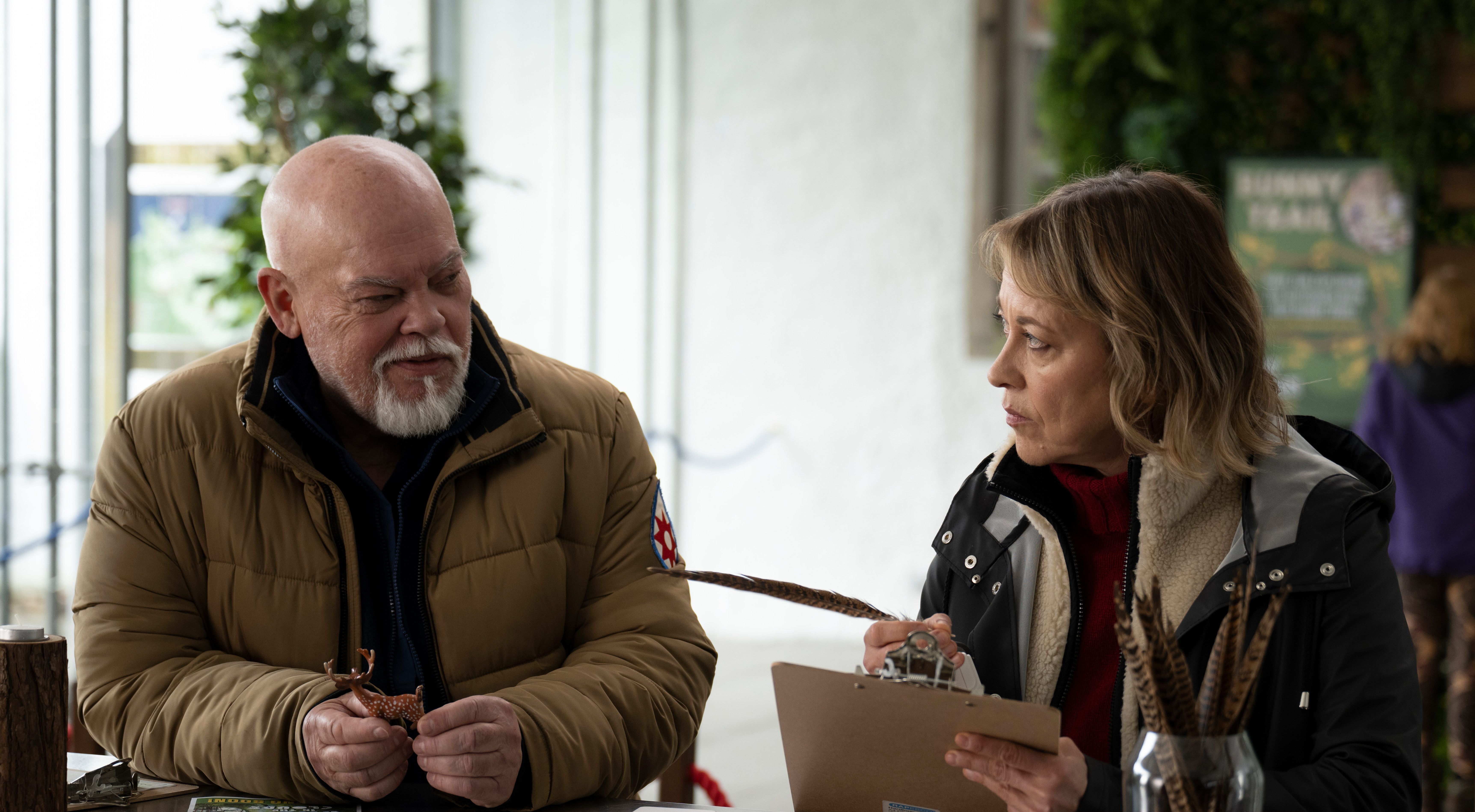 Sven Henriksen as Magnus Strandhed and Nicola Walker as DI Annika Strandhed attempt a father-daughter talk in 'Annika' Season 2