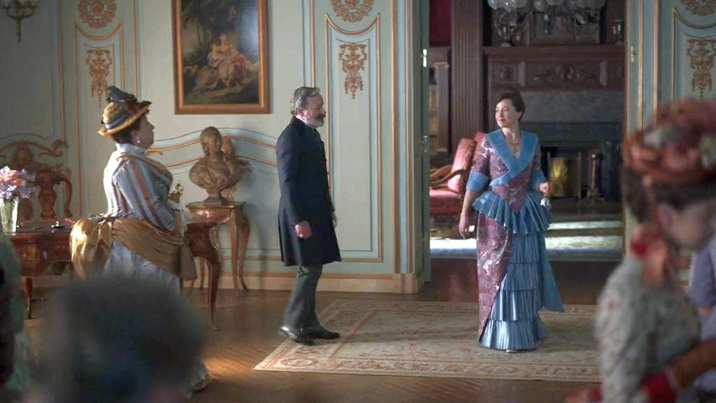 Ashlie Atkinson as Mamie Fish, Jeremy Shamos as Mr. Gilbert, and Carrie Coon as Bertha Russell prepare to battle for the Met in The Gilded Age Season 2
