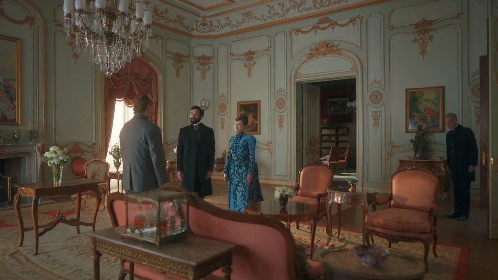 Carrie Coon as Bertha Russell, Morgan Spector as George Russell, Josh Davis as the Union Leader and Jack Gilpin as the Butler Church in The Gilded Age Season 2