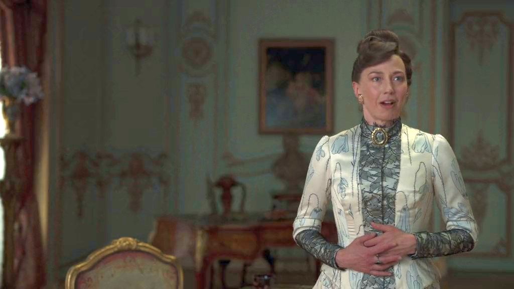 Carrie Coon as Bertha Russell in Pale Blue Flowers in The Gilded Age Season 2