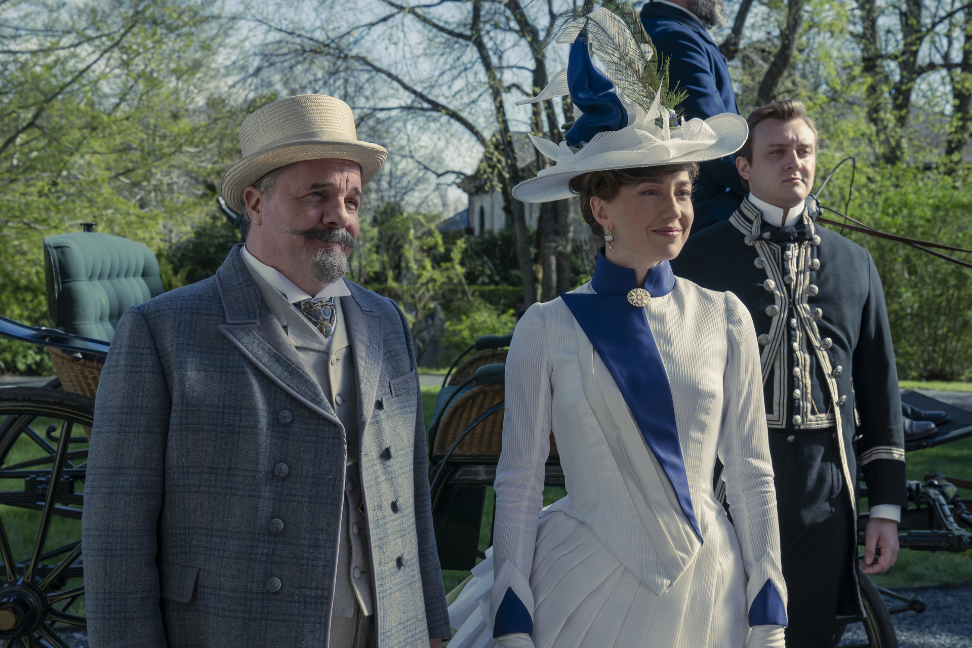 Carrie Coon as Bertha Russell and Nathan Lane as Ward McAllister in The Gilded Age Season 2