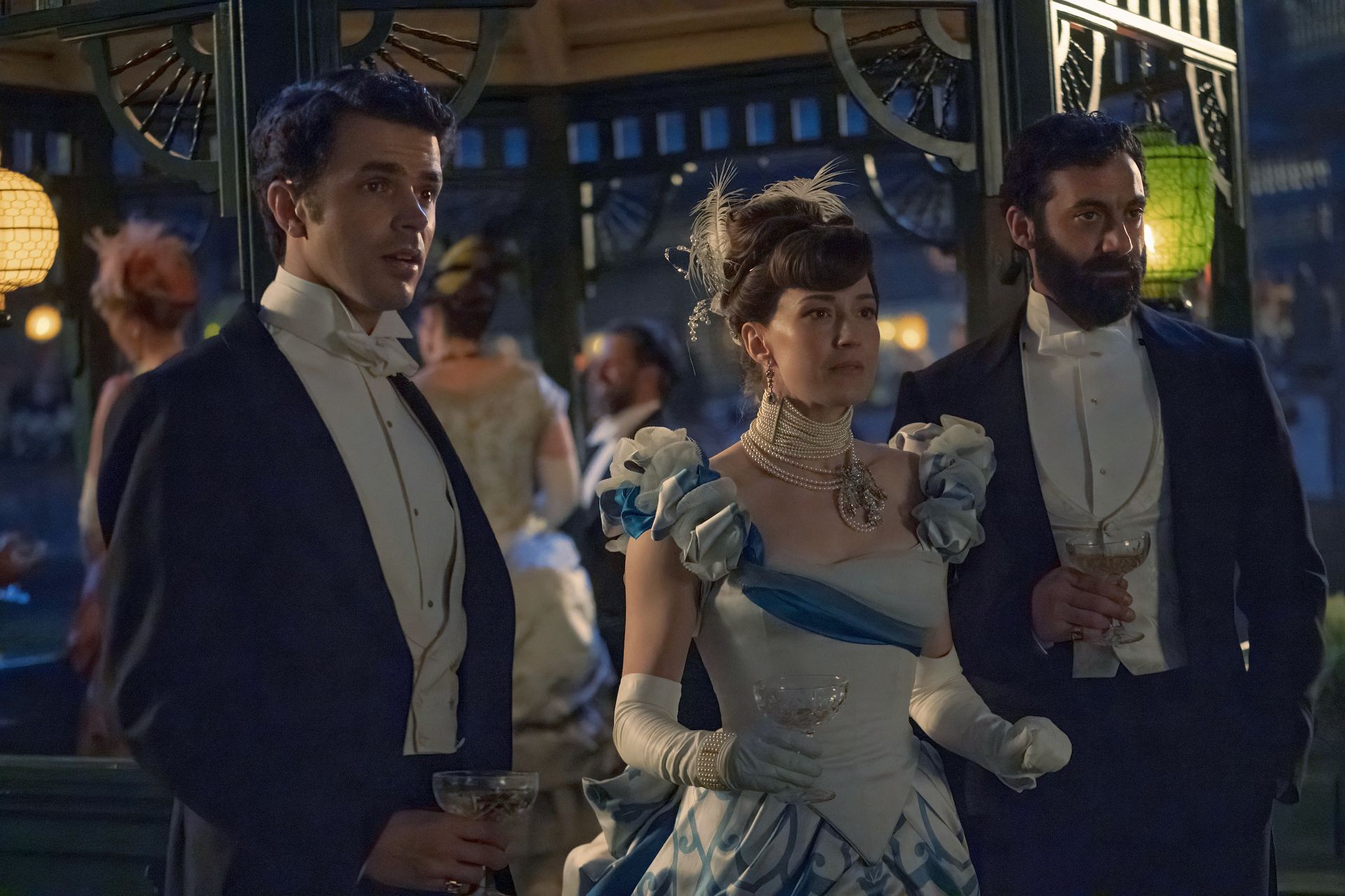 Harry Richardson as Larry Russell, Carrie Coon as Bertha Russell, and Morgan Spector as George Russell in 'The Gilded Age' Season 2