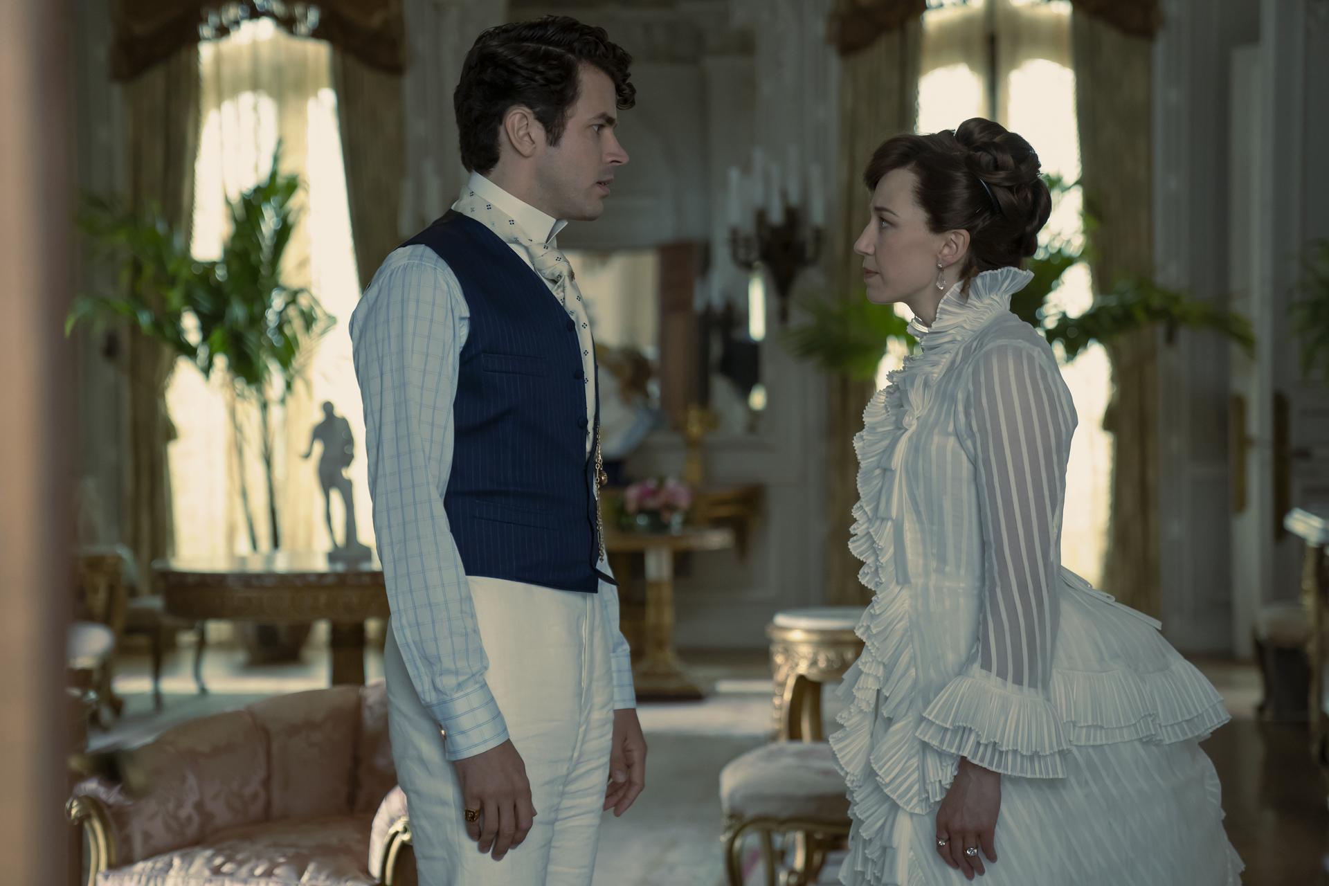 Harry Richardson as Larry Russell and Carrie Coon as Bertha Russell have it out in 'The Gilded Age' Season 2