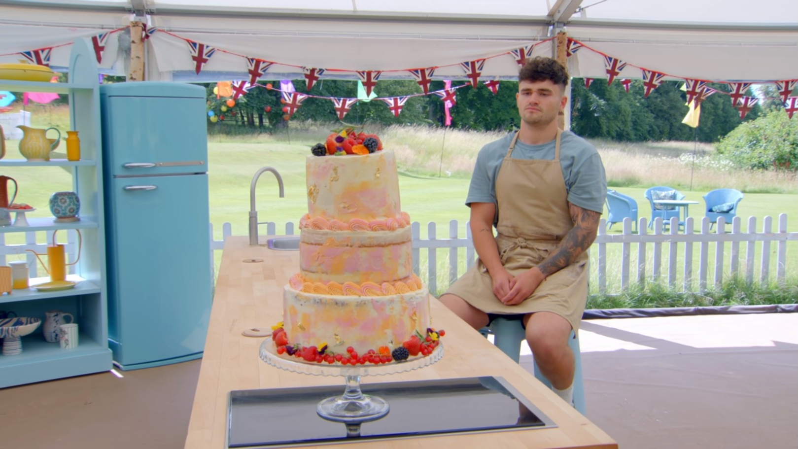 Matty with his Final Celebration Showstopper Cake from 'The Great British Baking Show' Season 14's Grand Final 