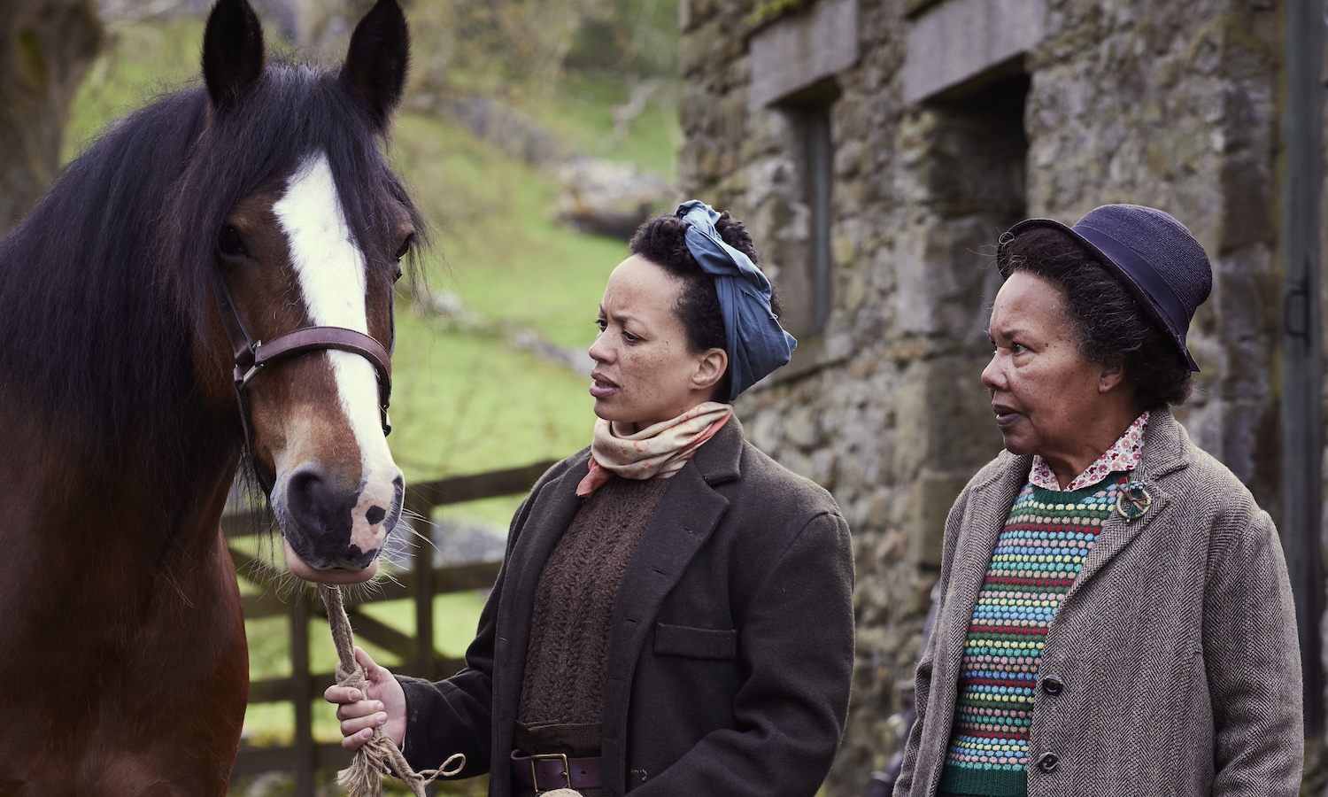 Picture shows: Teasel the horse, farmers Ann Chapman (Cleo Sylvestre) and Grace Chapman (Cat Simmons)