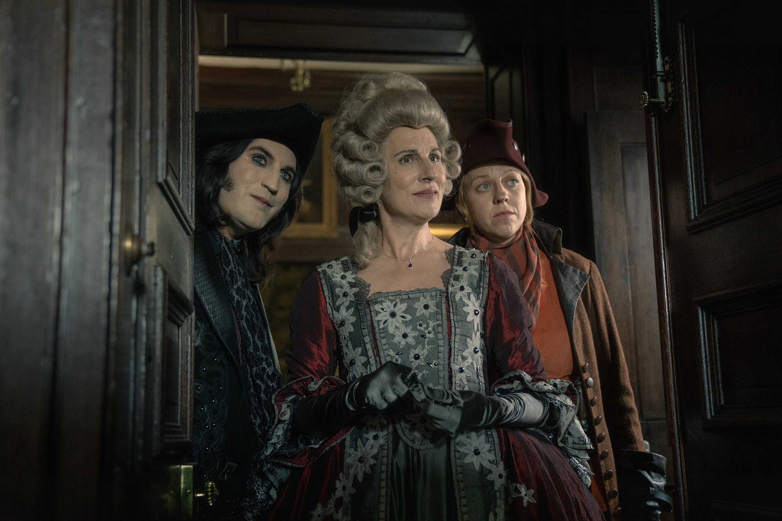 Noel Fielding, Tamsin Greig, and Ellie White in 'The Completely Made-up Adventures of Dick Turpin' Season 1