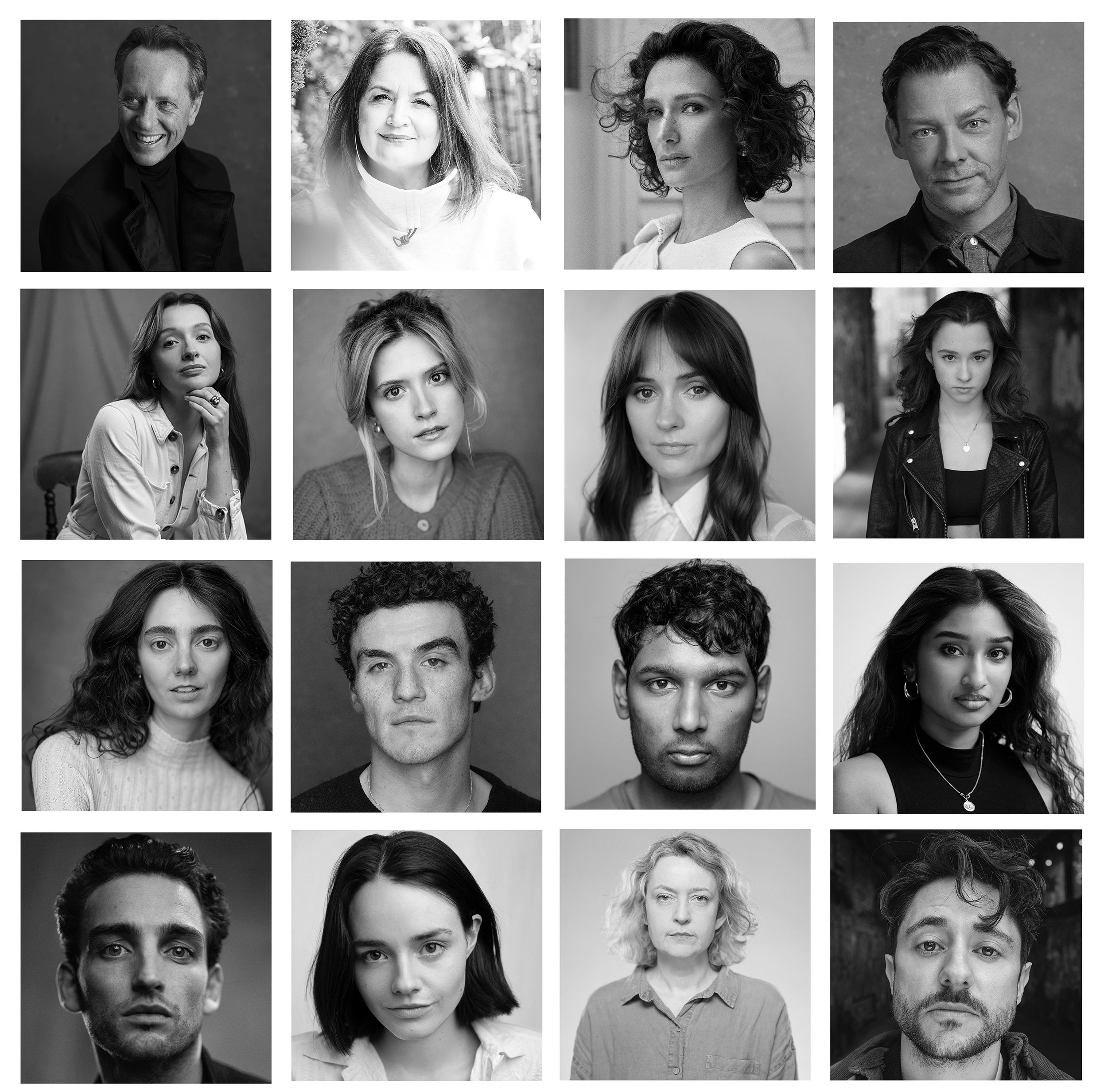 L-R Top: Richard E. Grant, Ruth Jones, Indira Varma, Richard Coyle 2nd Row: Poppy Gilbert, Maddie Close, Molly Wright, Grace Hogg- Robinson 3rd Row: Tanya Reynolds, Dónal Finn, Aaron Gill, Varada Seethu Bottom: Laurie Davidson, Anna Fenton-Garvey, Lucy Briers, Ryan Sampson
