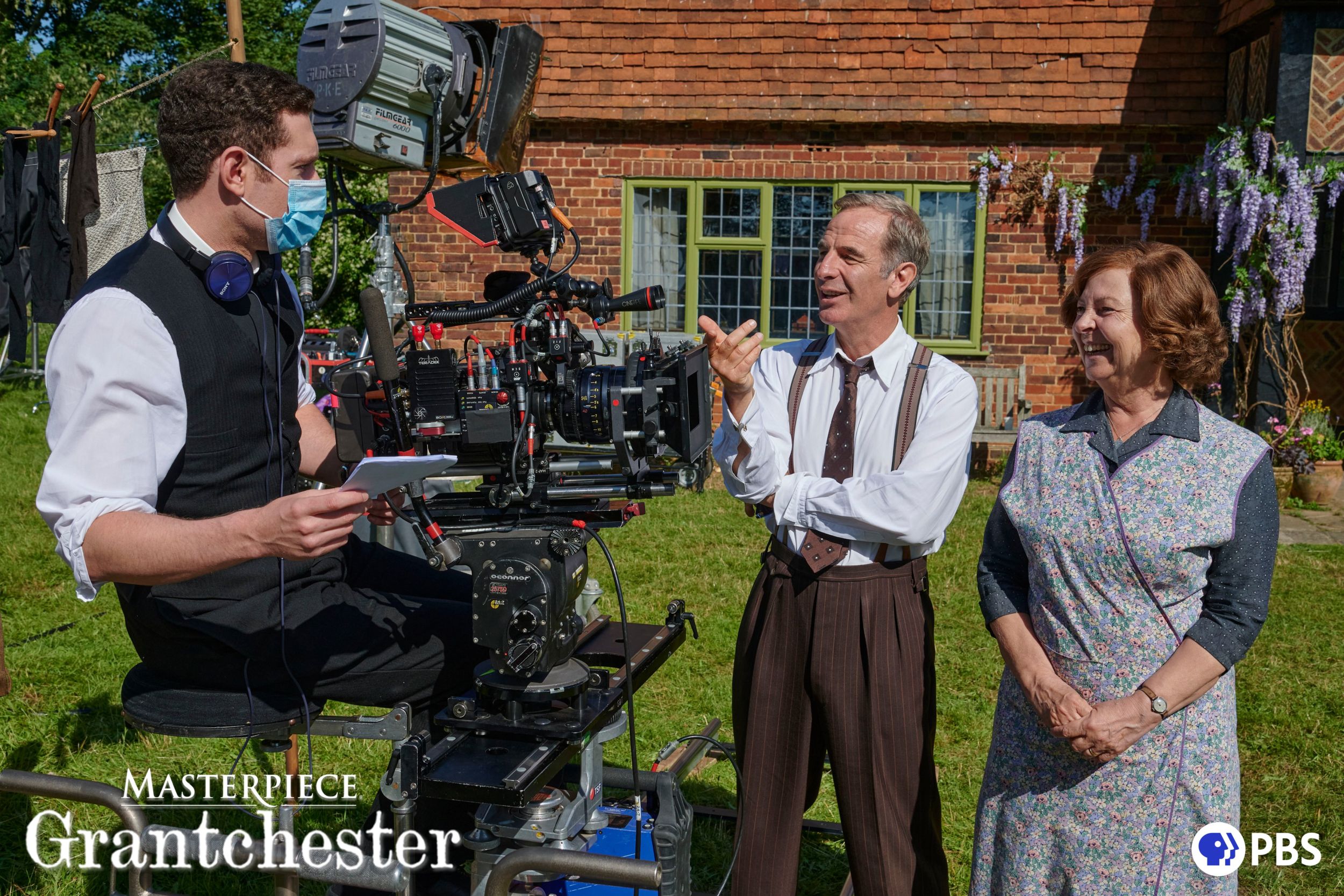 Tom Brittney, Robson Green, Tessa Peake-Jones on set for Grantchester Season 7